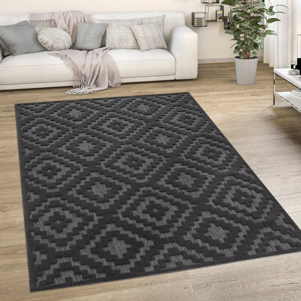 Indoor Outdoor Rug Livorno Trellis High-Low Pattern In Anthracite RugYourHome