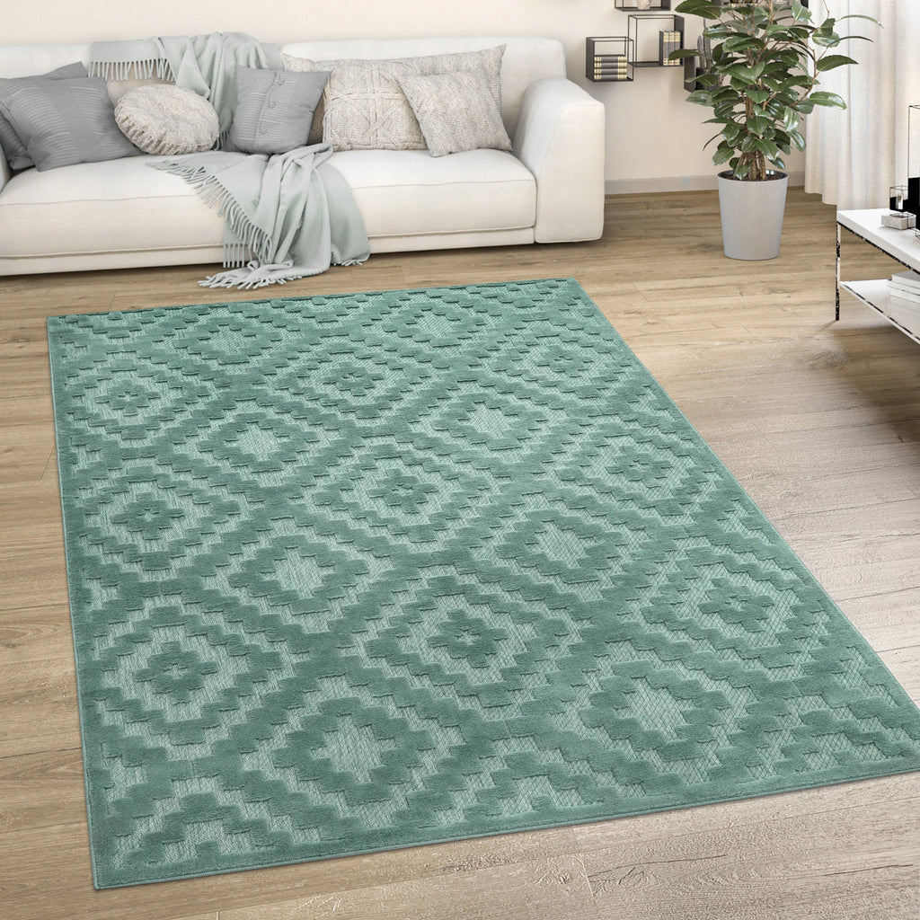 Indoor Outdoor Rug Livorno Trellis High-Low Pattern In Turquoise RugYourHome