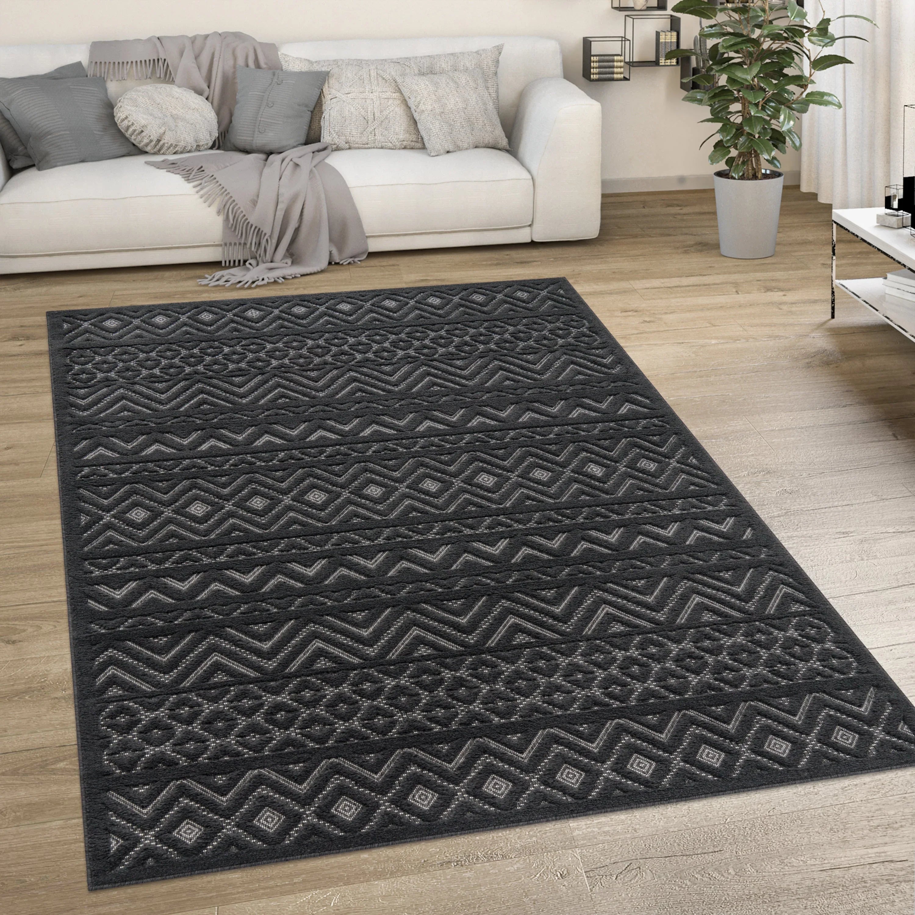 Indoor Outdoor Rug Livorno Boho High-Low Pattern In Anthracite RugYourHome