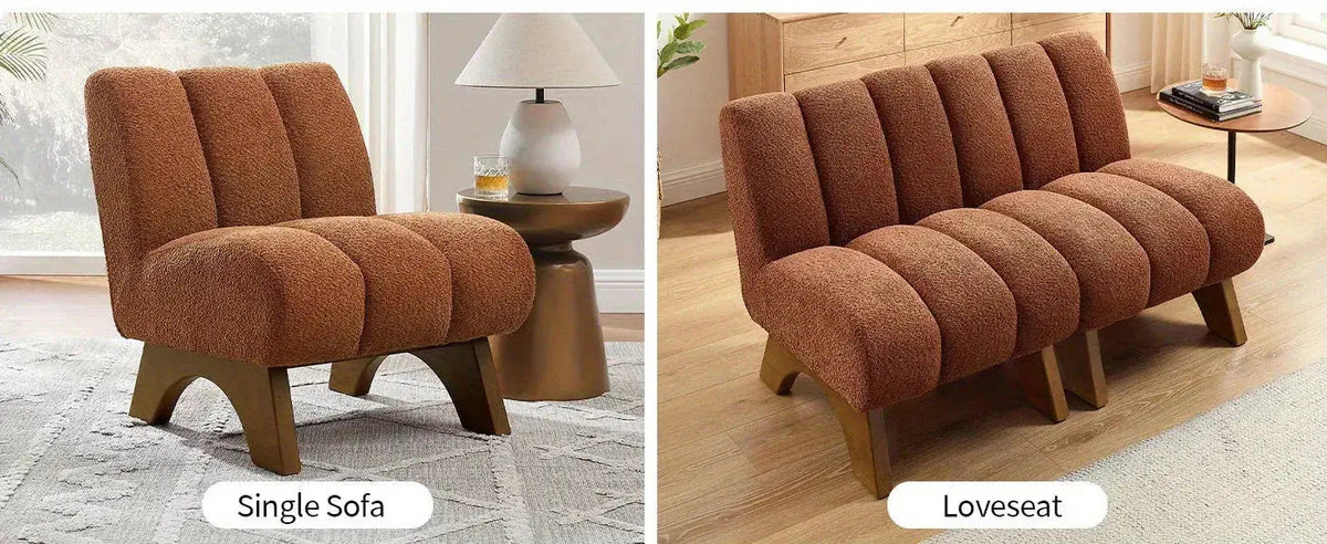 Side-by-side comparison of the single seat and terracotta loveseat in textured sherpa fabric.