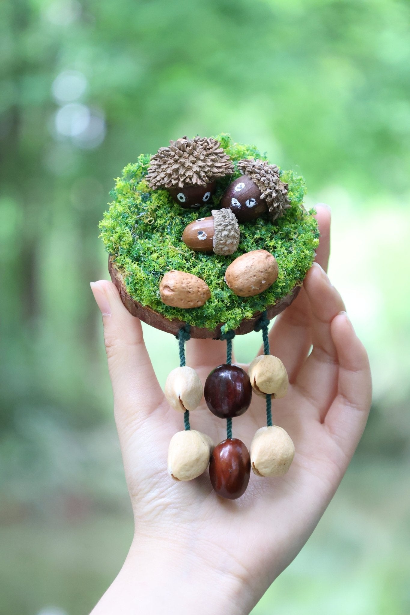 "The Acorn Family" - Handmade Moss Forest Wall Hanging & Seed Mobile