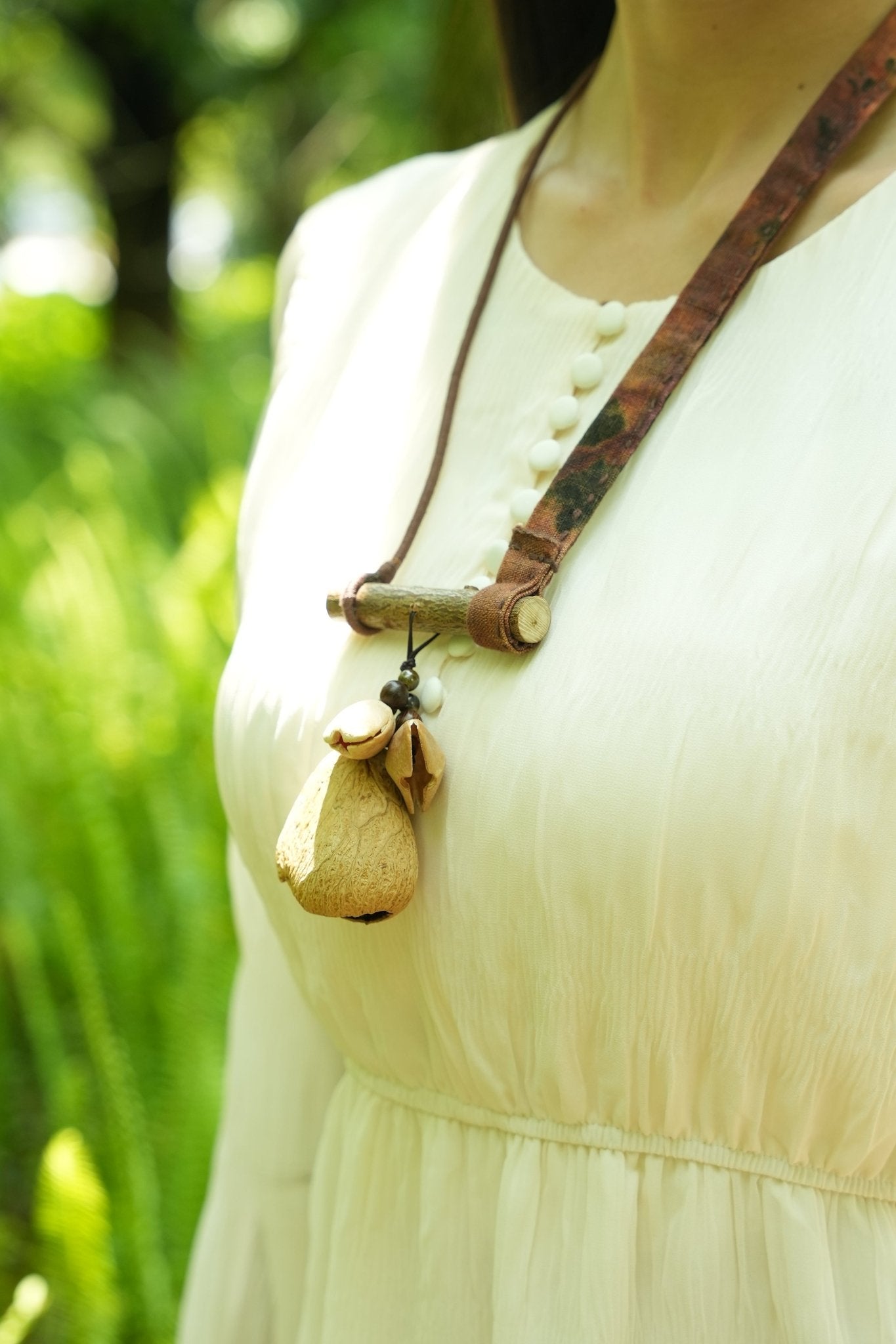 "The Ancient Branch" - Handcrafted Natural Wood & Seed Pod Fabric Necklace