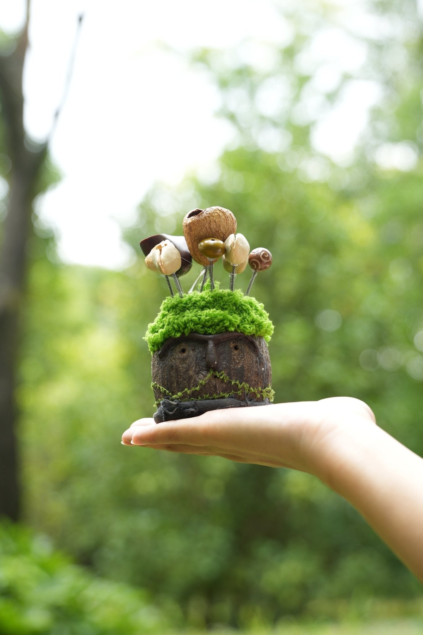 "The Ancient Stone Keeper" - Mossy Moai Totem Nut Shell Doll