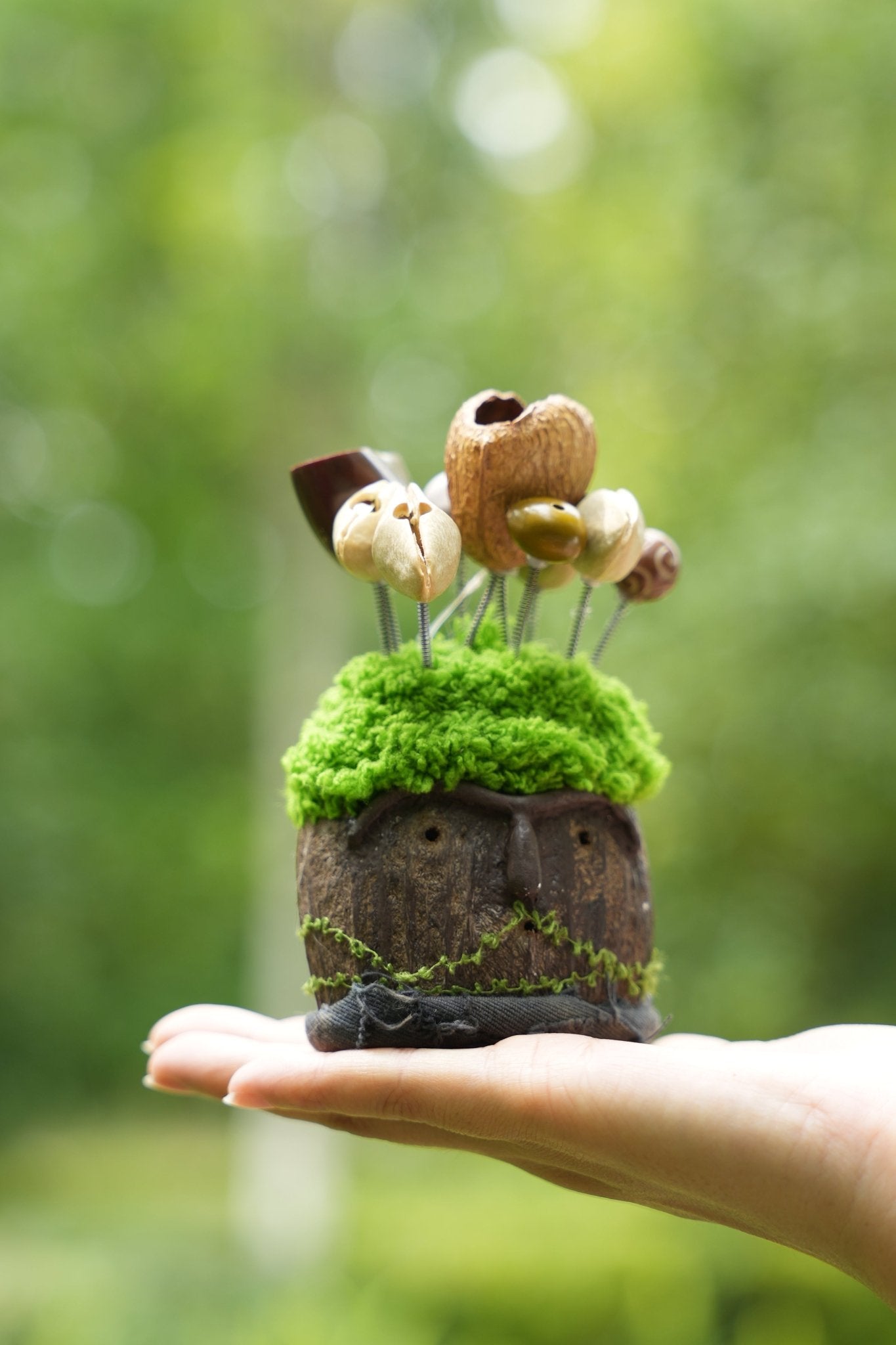 "The Ancient Stone Keeper" - Mossy Moai Totem Nut Shell Doll