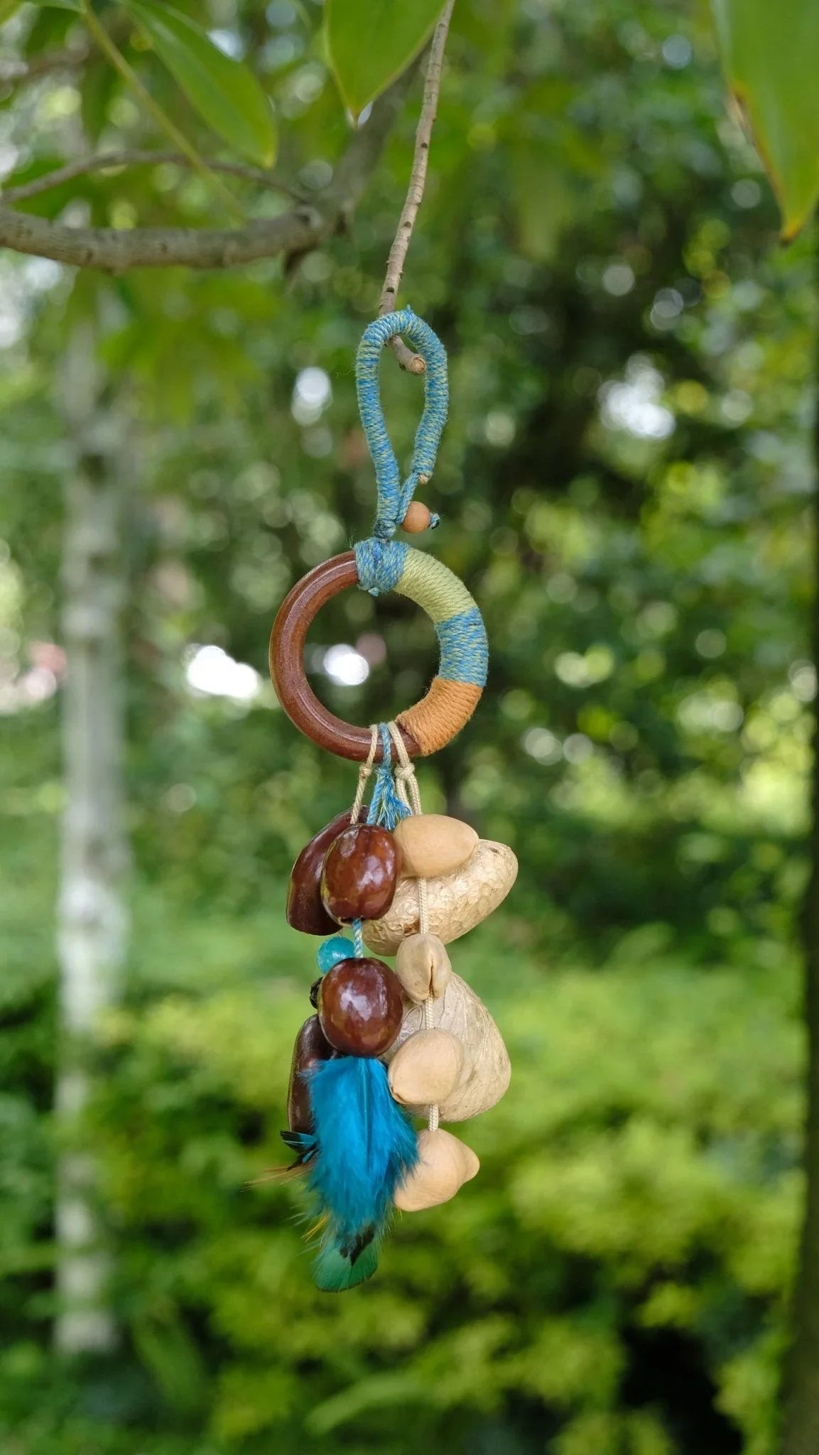 "The Azure Spirit" - Hand-Wrapped Wood Ring & Blue Feather Totem Charm