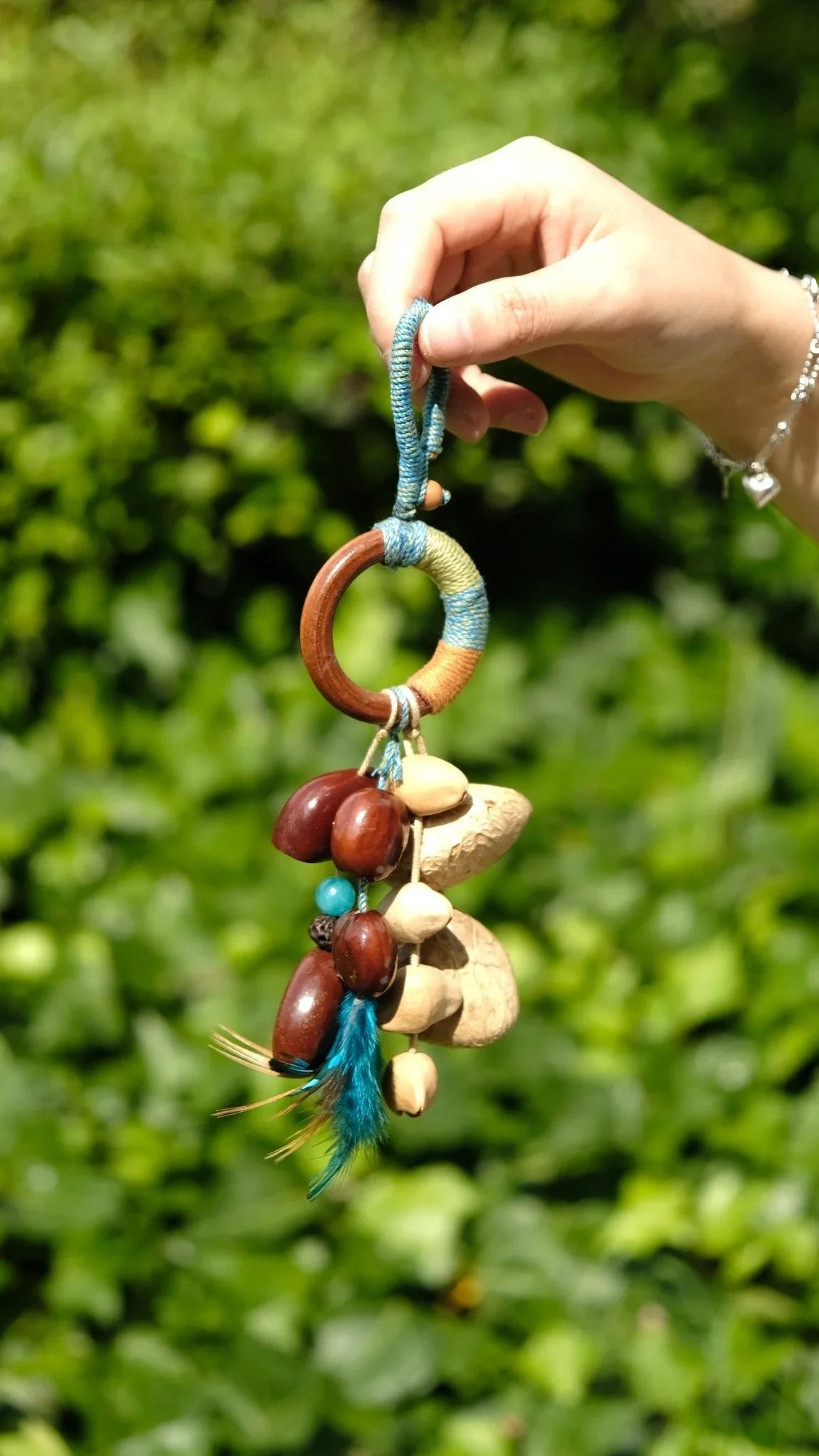 "The Azure Spirit" - Hand-Wrapped Wood Ring & Blue Feather Totem Charm