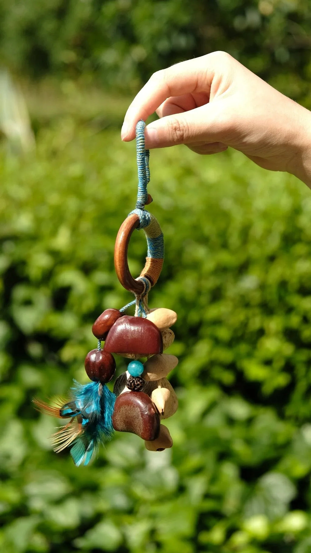 "The Azure Spirit" - Hand-Wrapped Wood Ring & Blue Feather Totem Charm