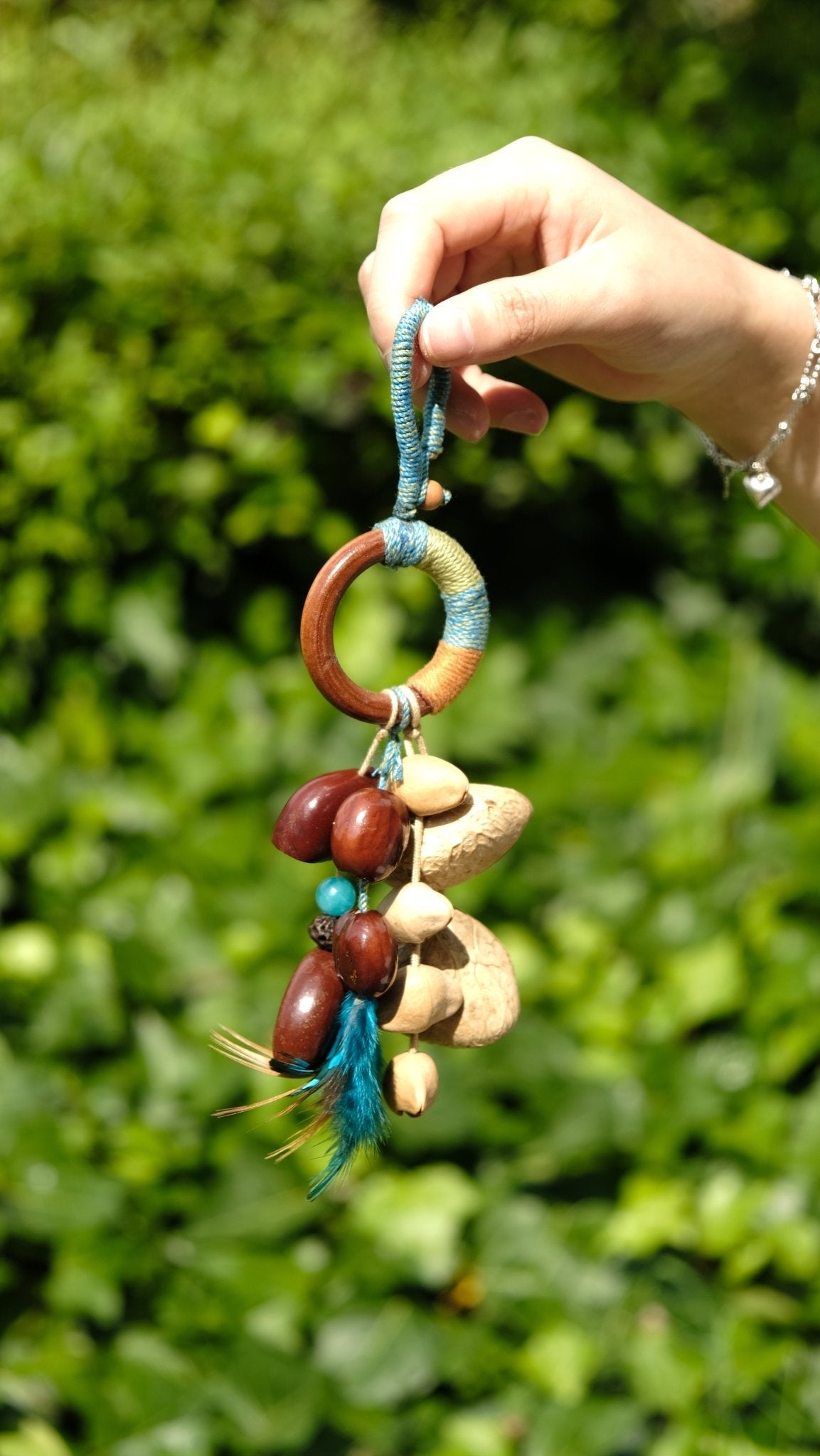 "The Azure Spirit" - Hand-Wrapped Wood Ring & Blue Feather Totem Charm