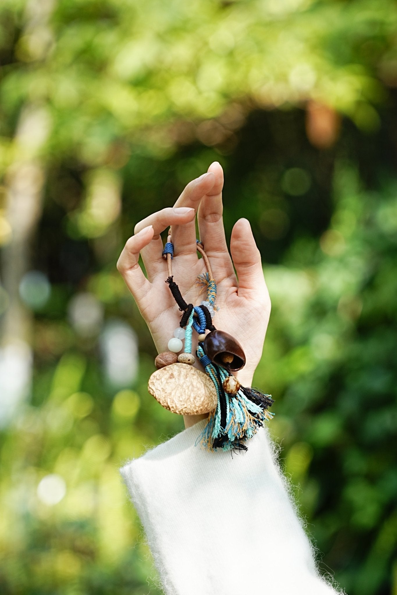 "The Azure Spirit" - Natural Nut Bag Charm with Boho Blue Tassel & Wrapped Loop