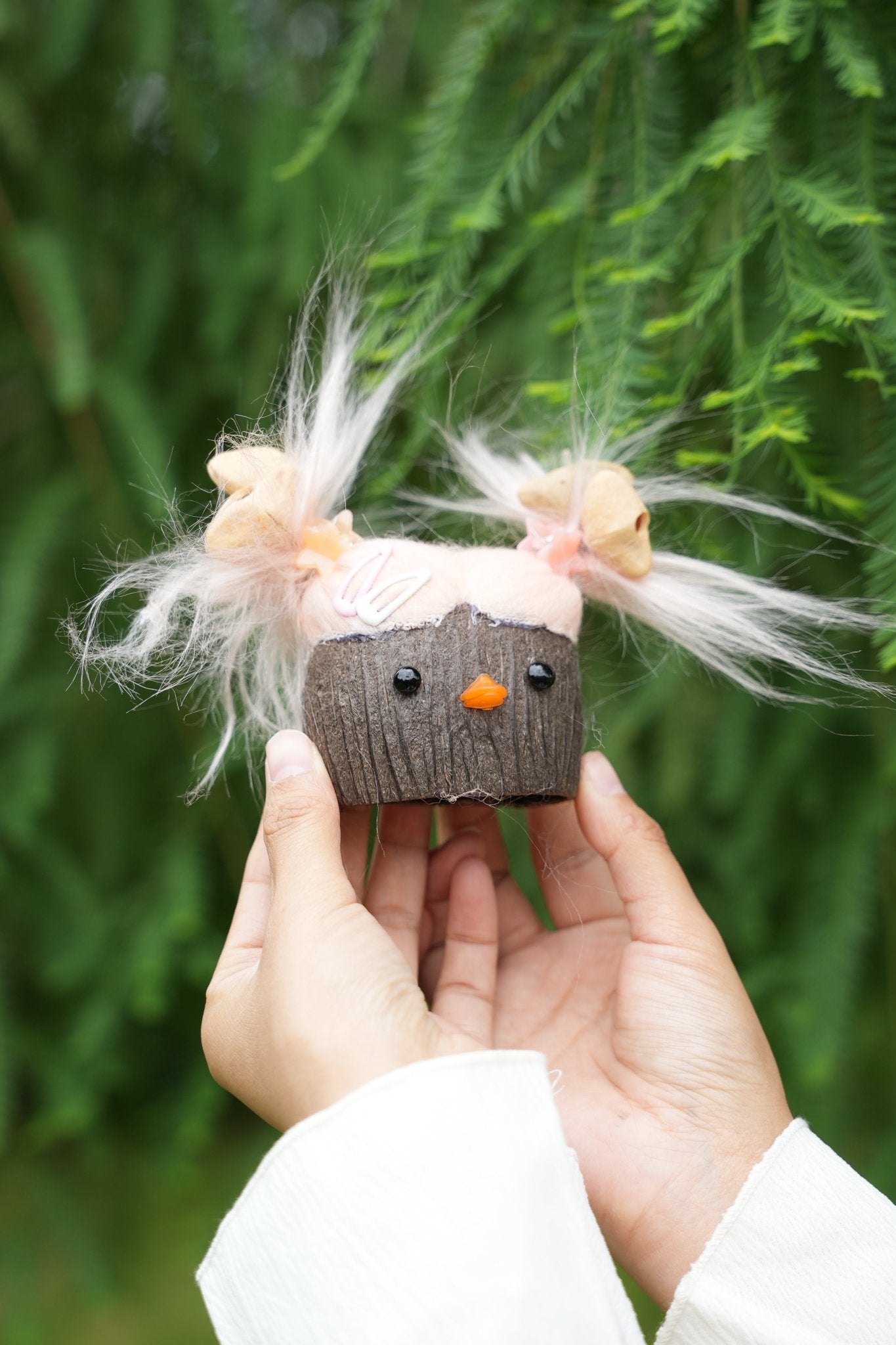 "The Bad Hair Day Monster" - Fuzzy Pink Nut Shell Doll with Pistachio Clips