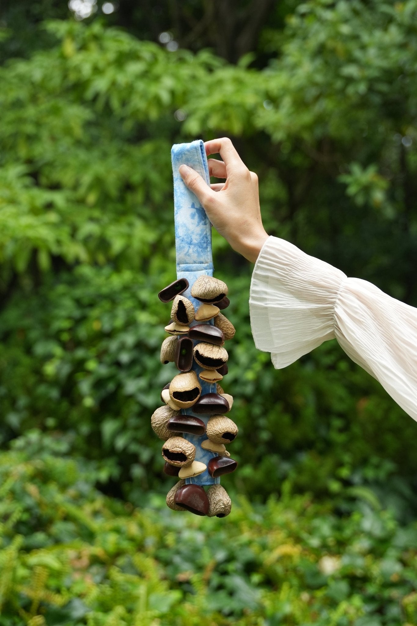"The Blue Tide Rattle" - Handheld Seed Shaker with Blue Batik Strap