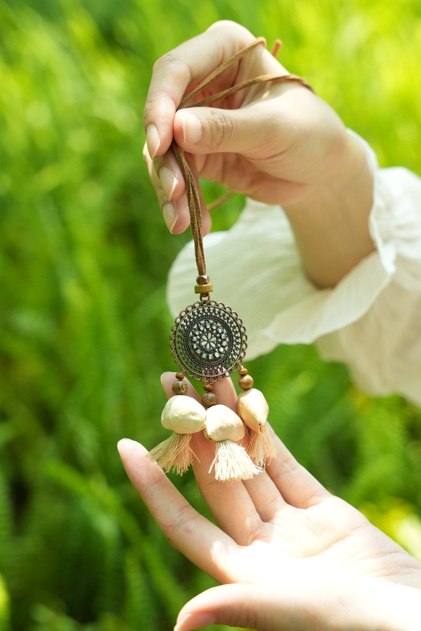 "The Bohemian Mandala" - Bronze Filigree Medallion Necklace with Nut Shell Tassels