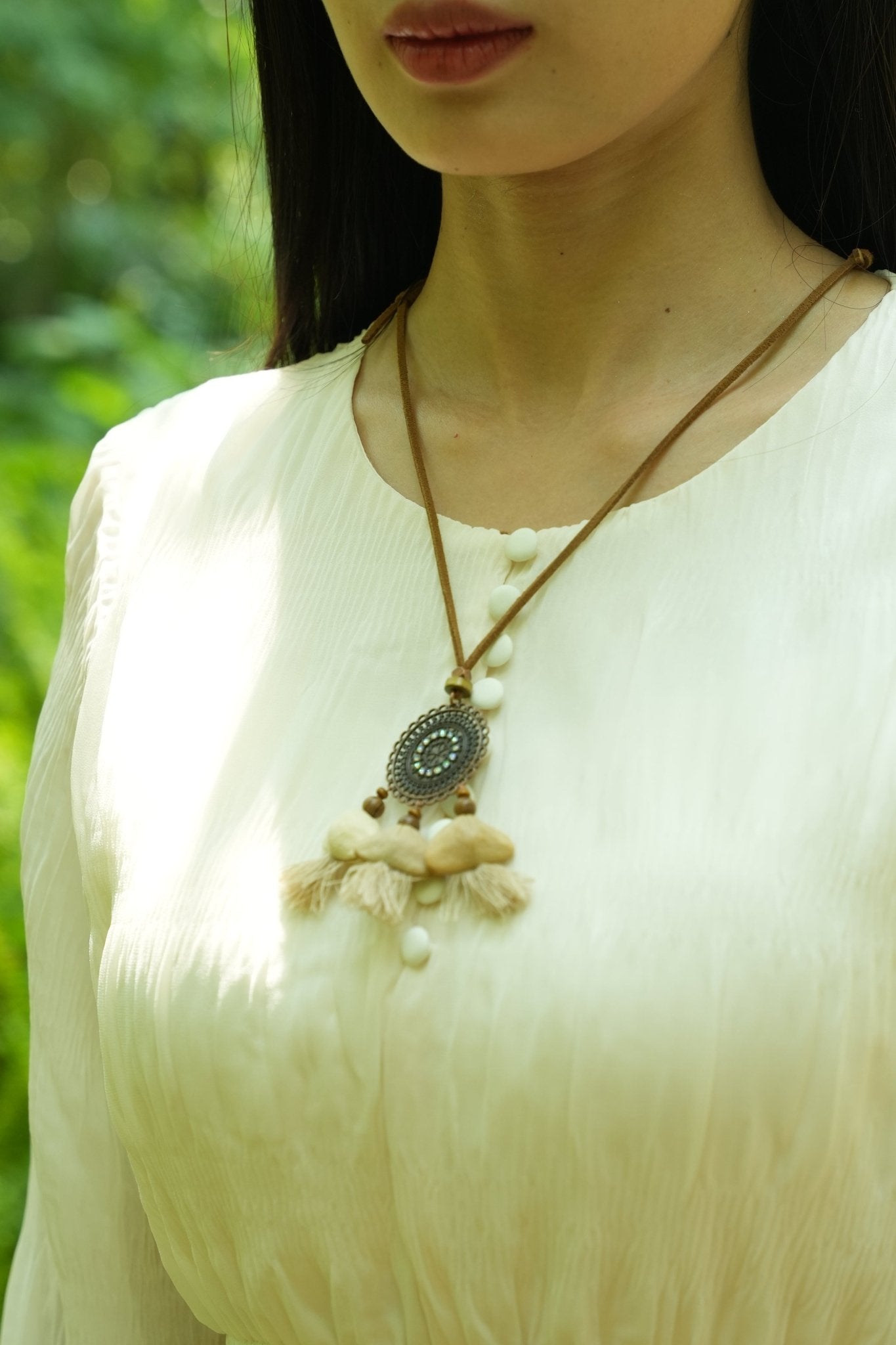 "The Bohemian Mandala" - Bronze Filigree Medallion Necklace with Nut Shell Tassels