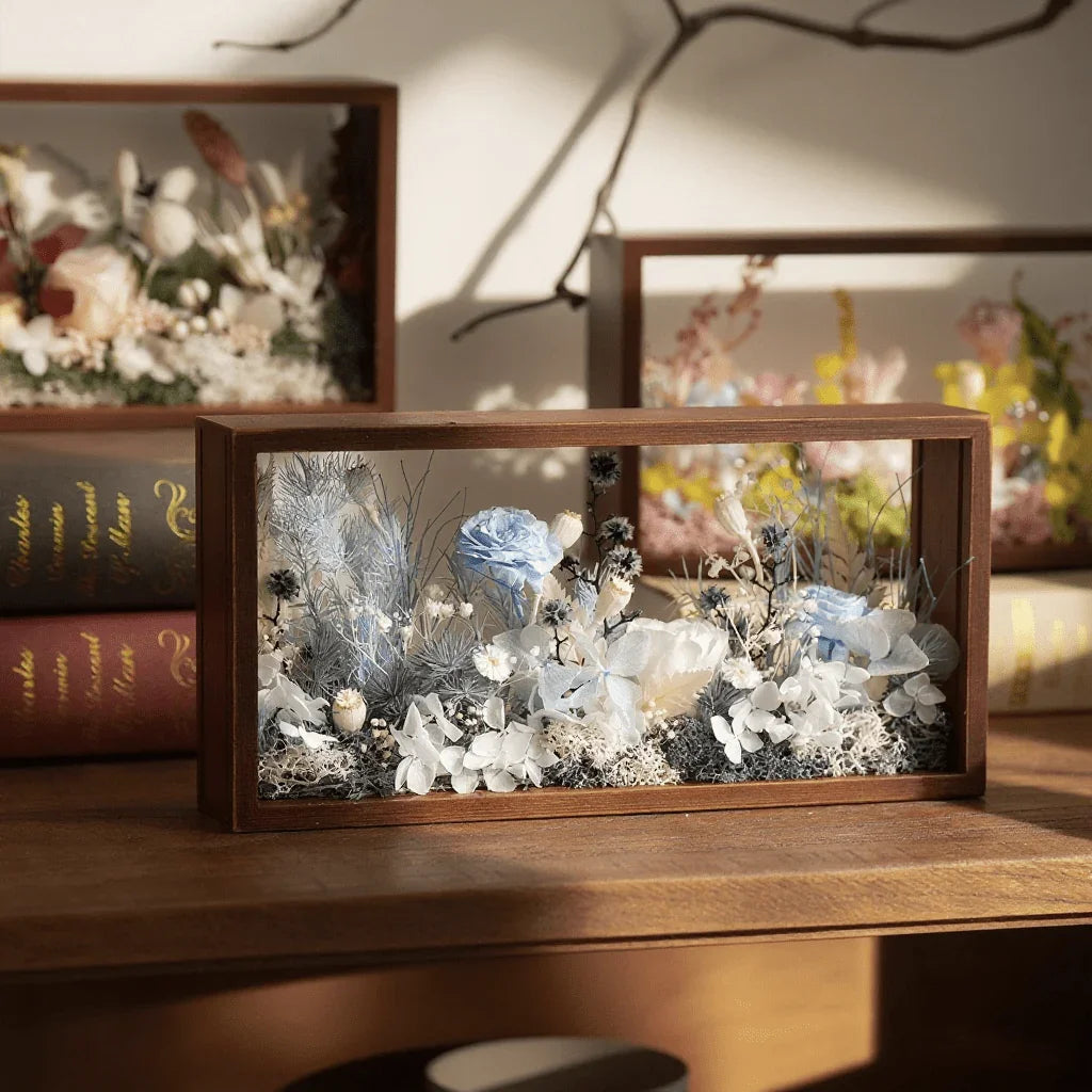 "Micro Landscape Frame" - Real Preserved Flower Mini Garden Shadow Box (Panoramic Desk Decor)