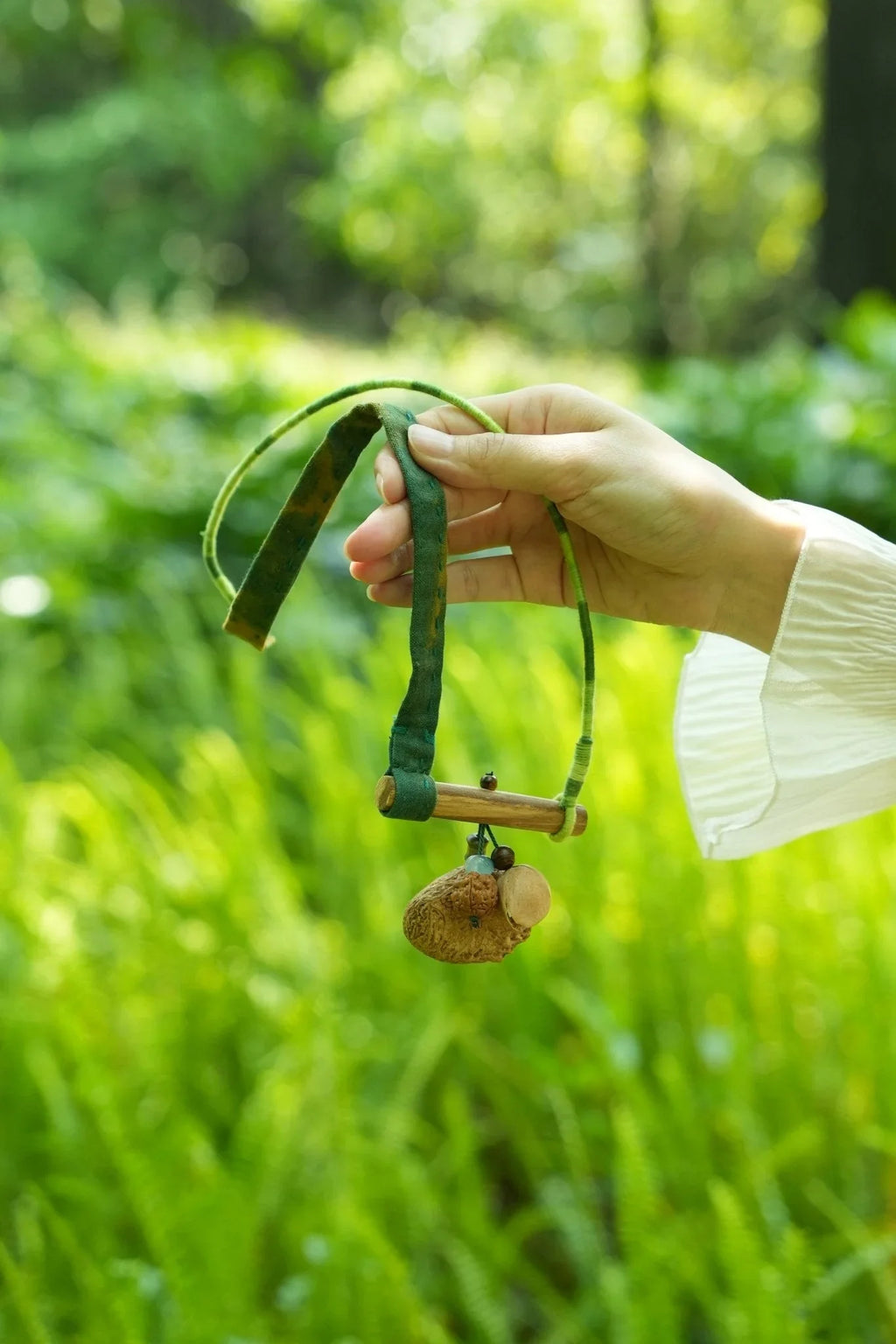"The Mossy Branch" - Green Fabric Strap Necklace with Wood Bar & Seed Pod