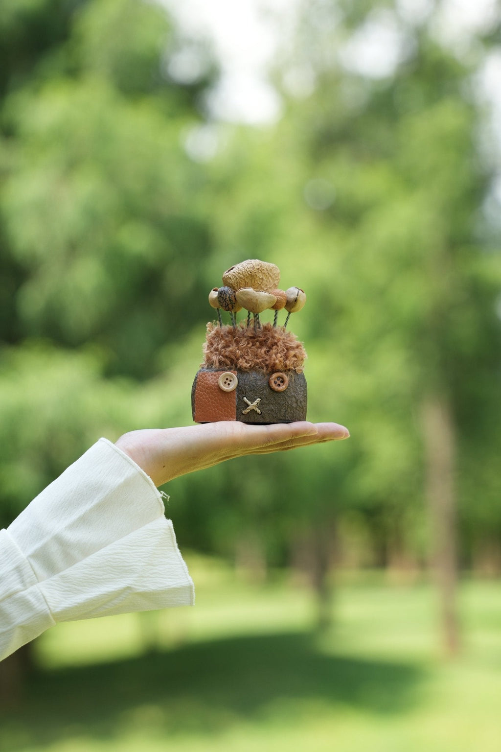 "The Patchwork Scarecrow" - Button-Eyed Nut Shell Doll with Leather Patch