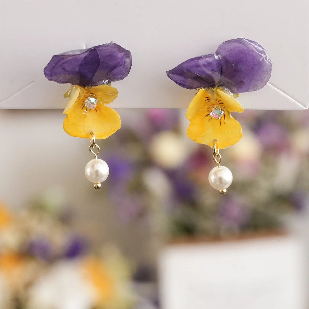 "Singing Garden" Real Viola Pansy Earrings