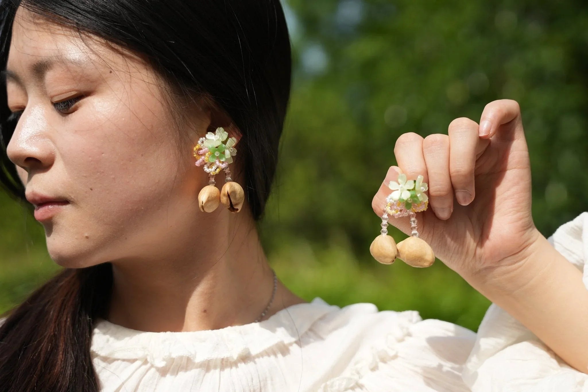 "The Spring Blossom" - Pastel Flower & Natural Seed Dangle Earrings