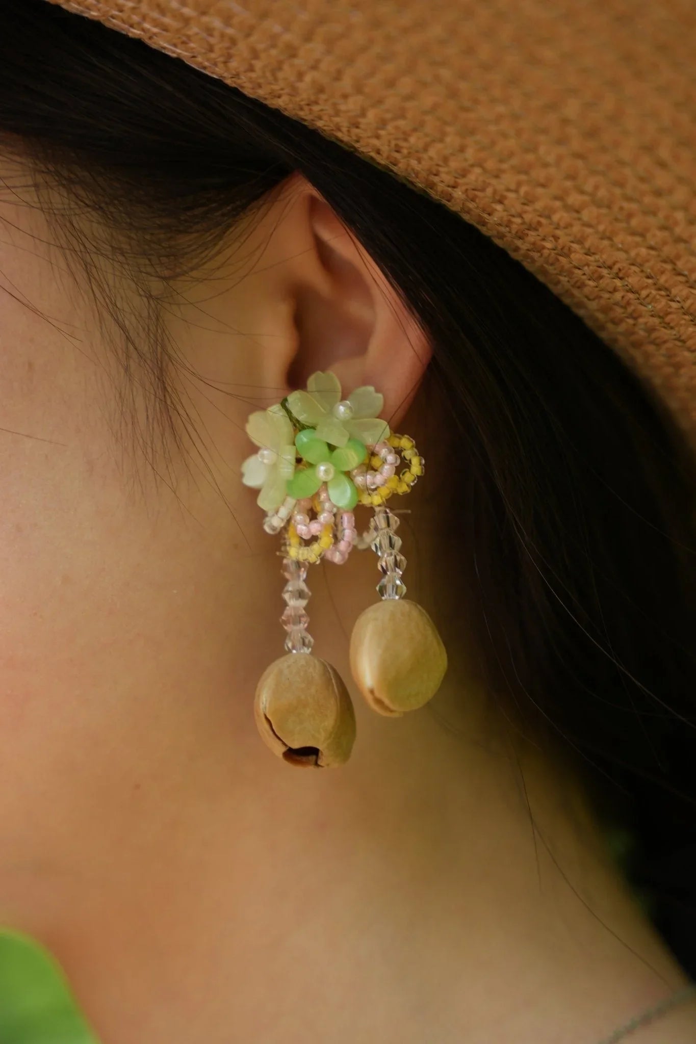 "The Spring Blossom" - Pastel Flower & Natural Seed Dangle Earrings