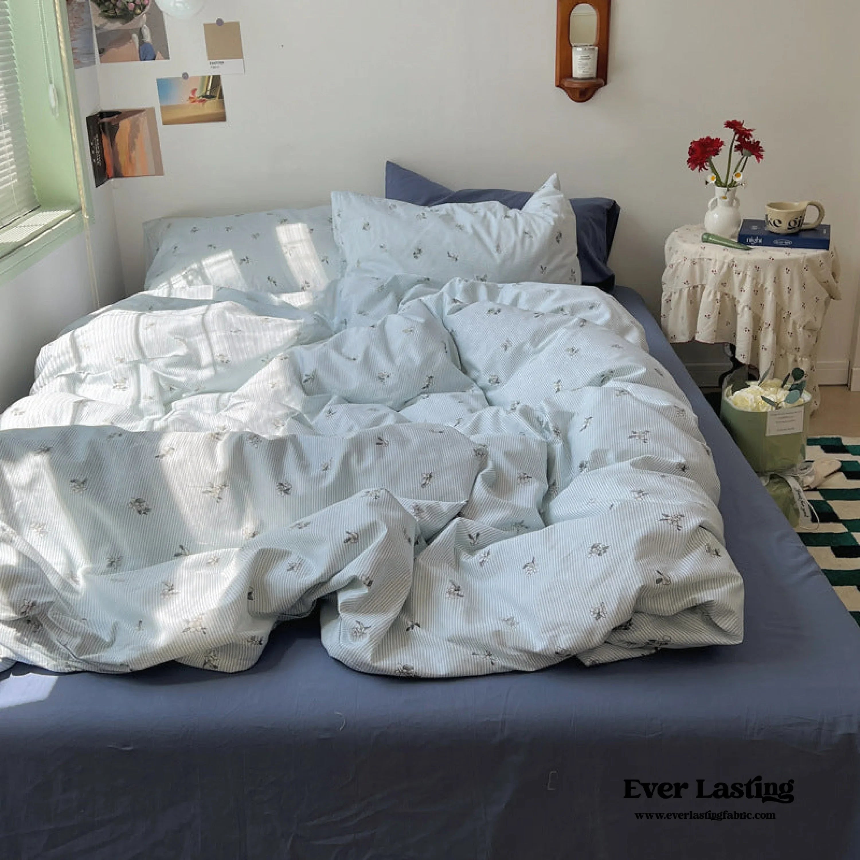 Thin Stripe Floral Bedding Set / Blue Ever Lasting