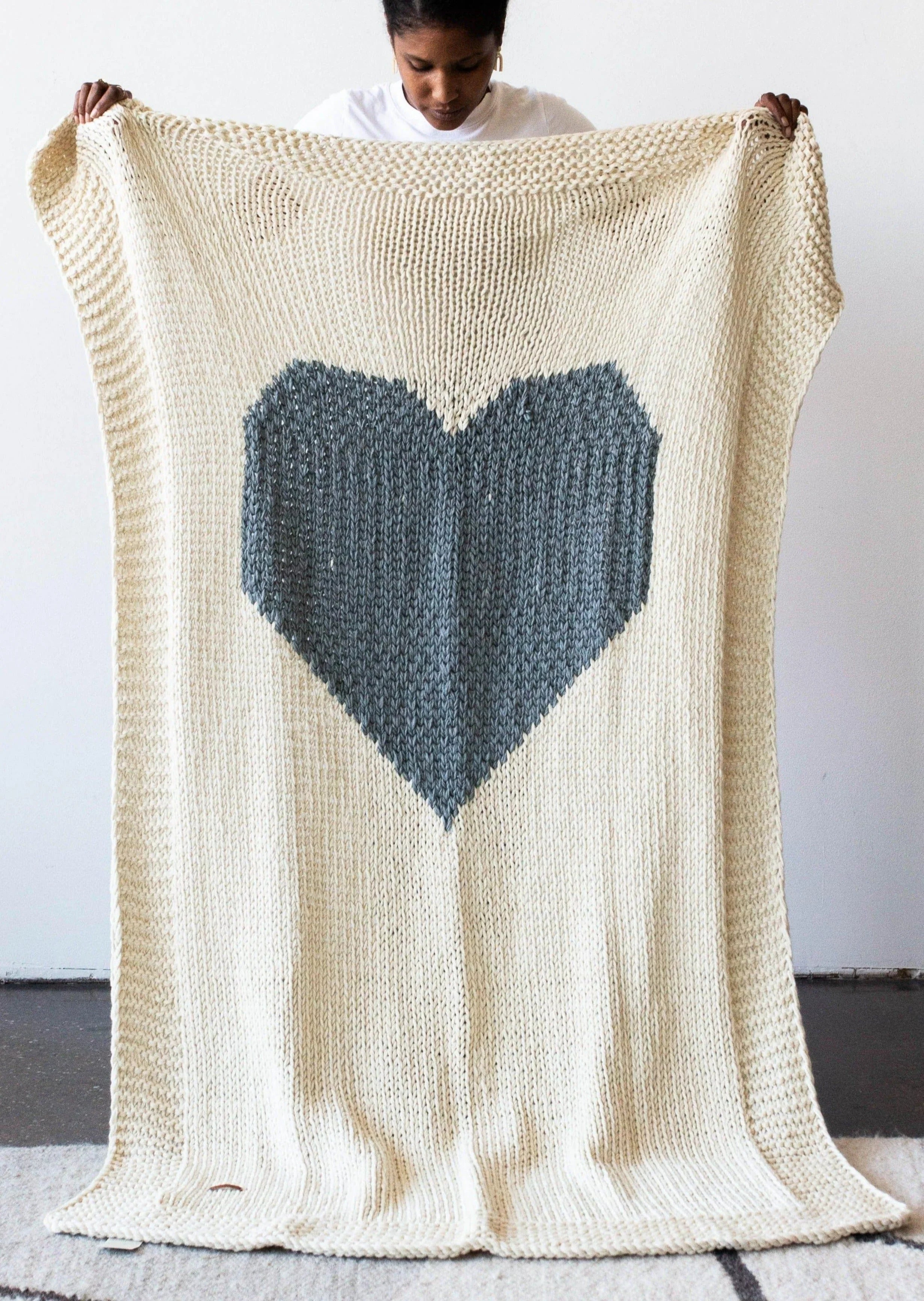 Hand-knitted Merino Wool Heart Throw Blanket, back view - House Of Avana