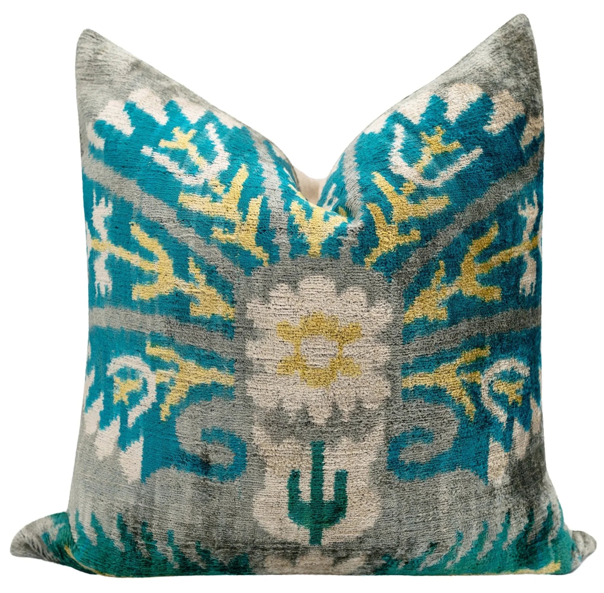 Handmade Velvet Throw Pillow with Turquoise and Yellow Ikat Design - High-quality 20x20 Inch Decorative... - House Of Avana