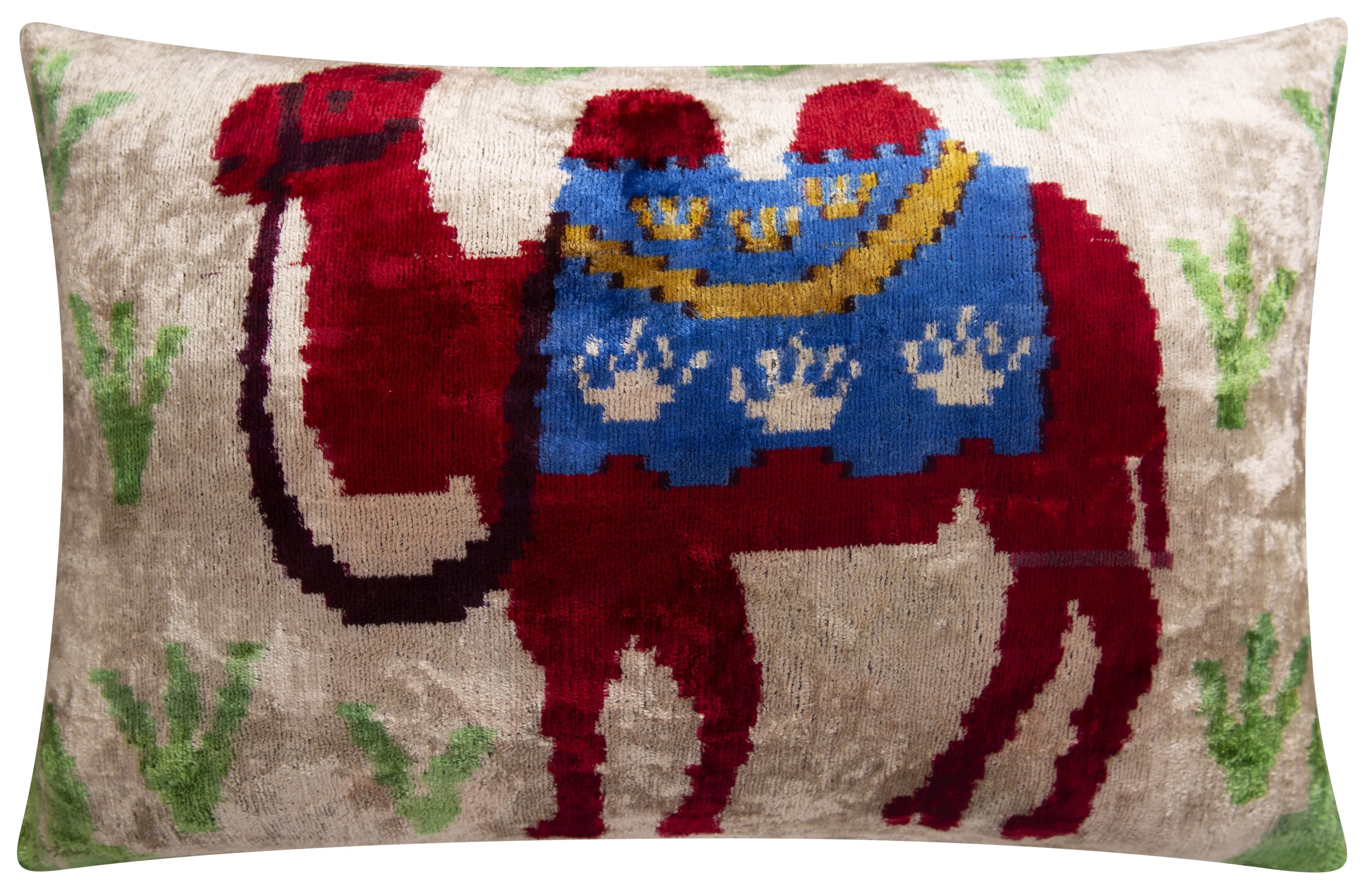 Handmade Silk Velvet Camel Design Throw Pillow - 16x24, Multicolored Exotic Accent Pillow with Down... - House Of Avana