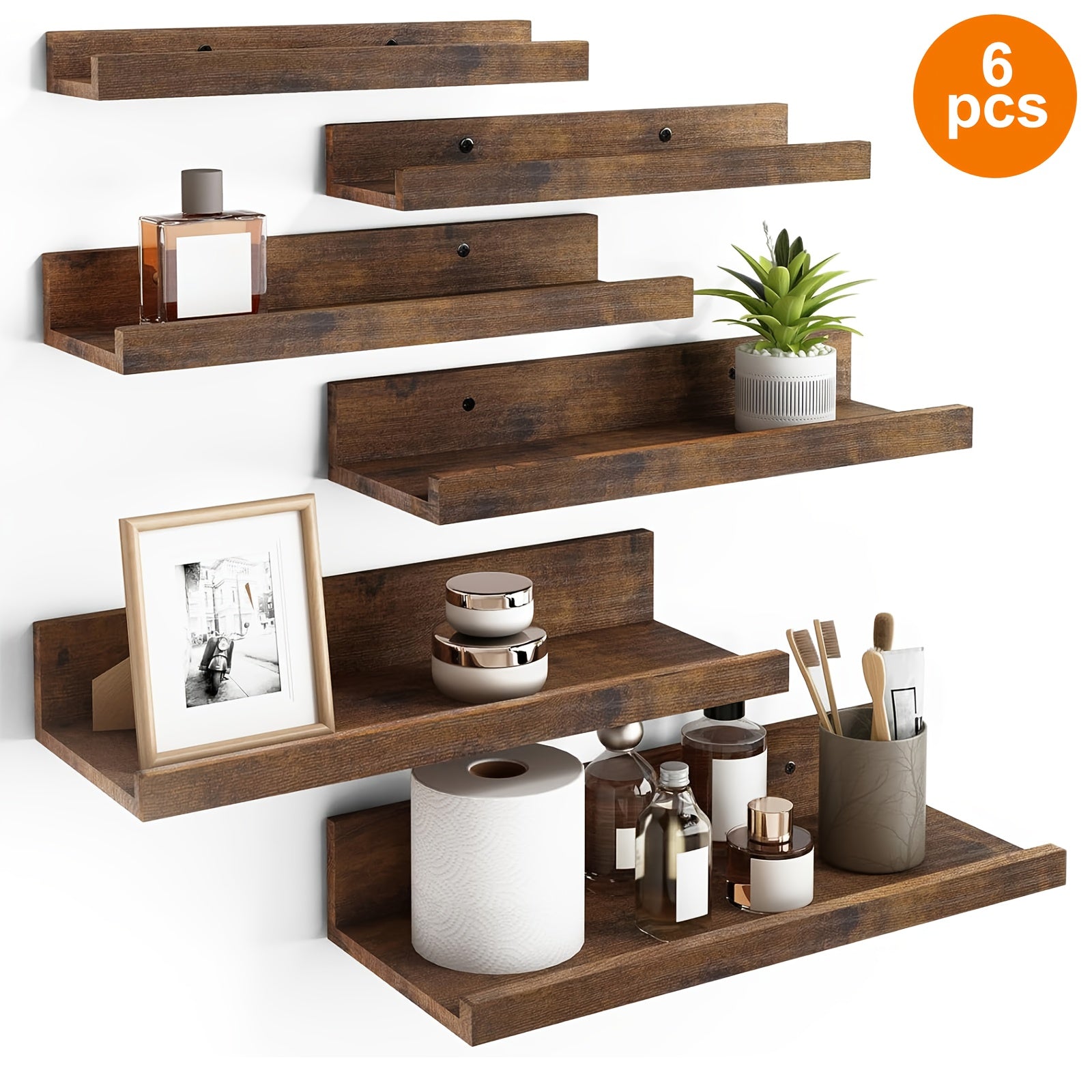 TOMNK 6pcs 10.9-15.7inch Floating Shelves, Bookcases, Cabinets & Shelves, Muti Sizes, Wall Mounted Shelves For Home Decor, Modern Picture Ledge Shelves For Living Room, Bedroom, Bathroom, Kitchen, Brown, For Halloween And Chr House Of Avana