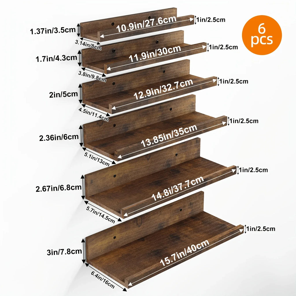 TOMNK 6pcs 10.9-15.7inch Floating Shelves, Bookcases, Cabinets & Shelves, Muti Sizes, Wall Mounted Shelves For Home Decor, Modern Picture Ledge Shelves For Living Room, Bedroom, Bathroom, Kitchen, Brown, For Halloween And Chr House Of Avana