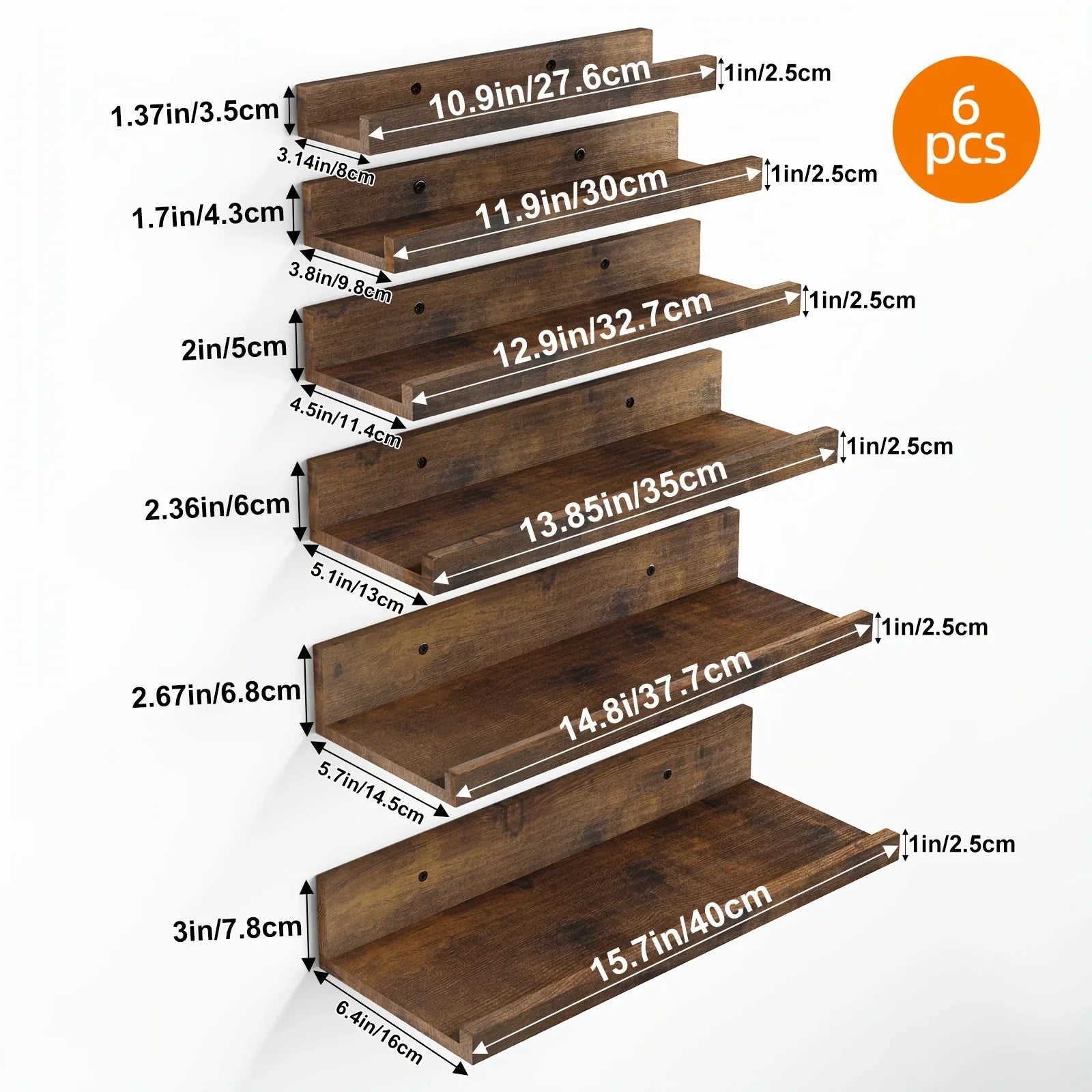 TOMNK 6pcs 10.9-15.7inch Floating Shelves, Bookcases, Cabinets & Shelves, Muti Sizes, Wall Mounted Shelves For Home Decor, Modern Picture Ledge Shelves For Living Room, Bedroom, Bathroom, Kitchen, Brown, For Halloween And Chr House Of Avana