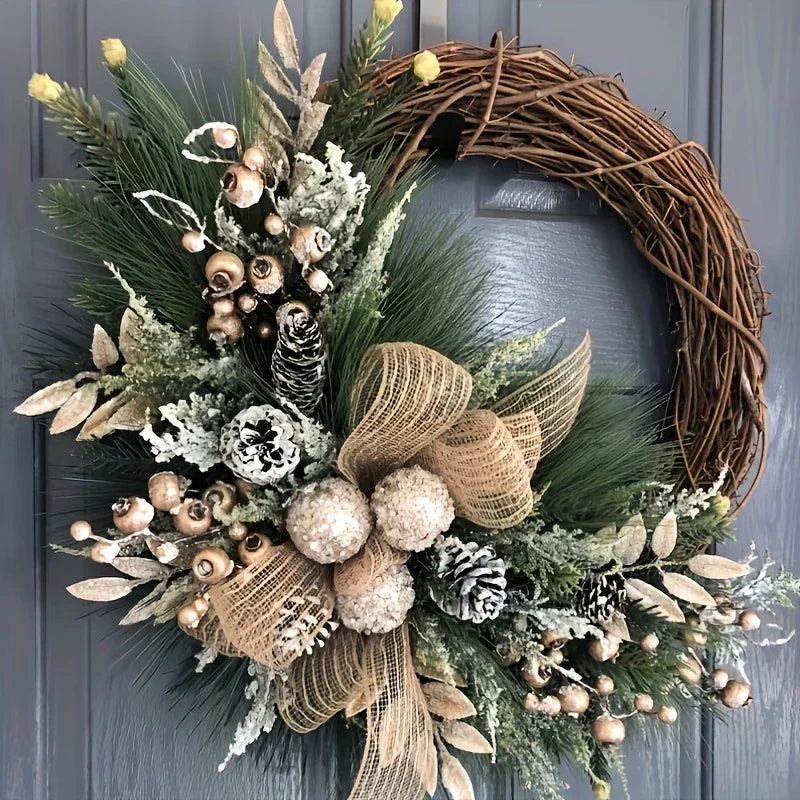TOPFISH Elegant Cream & Golden Christmas Wreath - Winter Door Hanging Decor with Pine Cones, Golden Accents - Durable Plastic Holiday Decoration for Christmas, Thanksgiving, Fall - No Electricity Needed, Easy Hang with Loop - House Of Avana