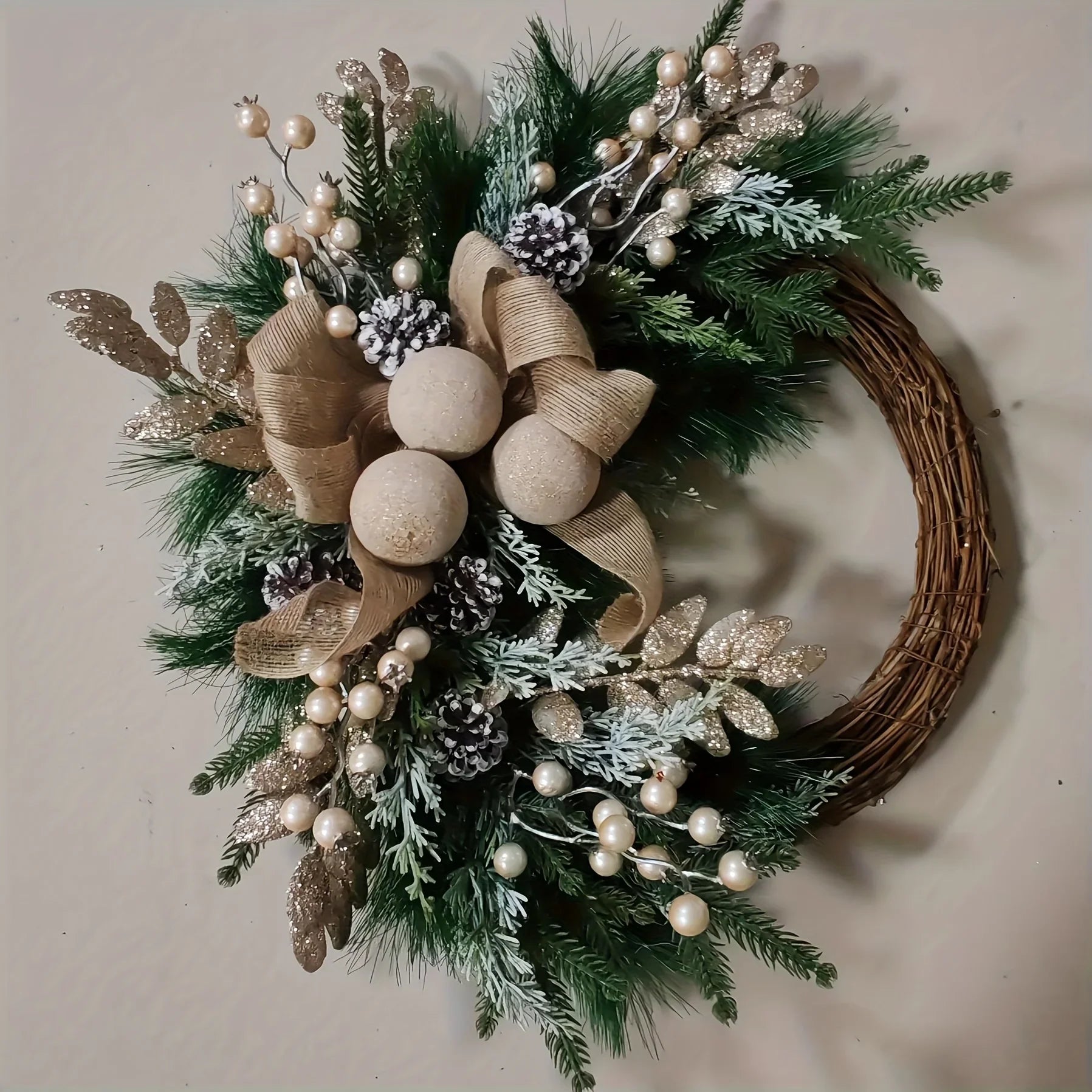 TOPFISH Elegant Cream & Golden Christmas Wreath - Winter Door Hanging Decor with Pine Cones, Golden Accents - Durable Plastic Holiday Decoration for Christmas, Thanksgiving, Fall - No Electricity Needed, Easy Hang with Loop - House Of Avana