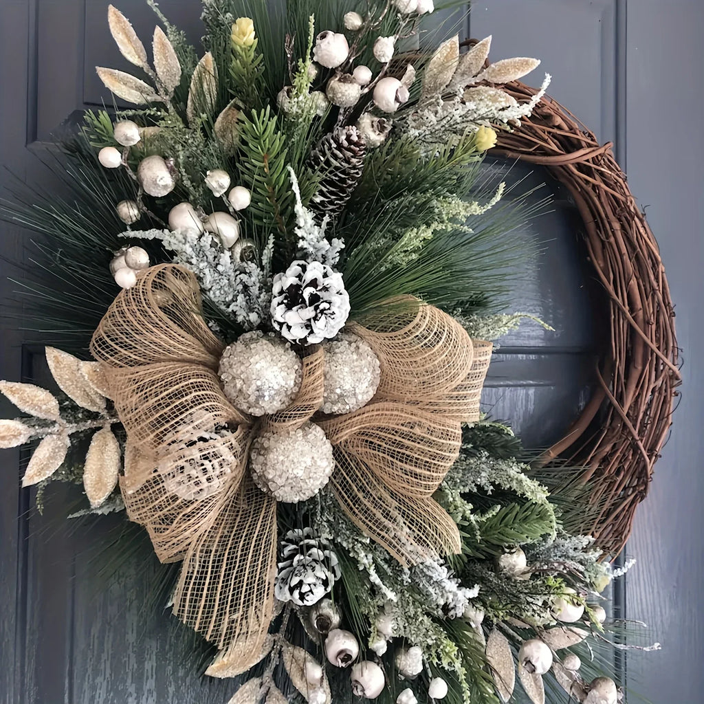 TOPFISH Elegant Cream & Golden Christmas Wreath - Winter Door Hanging Decor with Pine Cones, Golden Accents - Durable Plastic Holiday Decoration for Christmas, Thanksgiving, Fall - No Electricity Needed, Easy Hang with Loop - House Of Avana