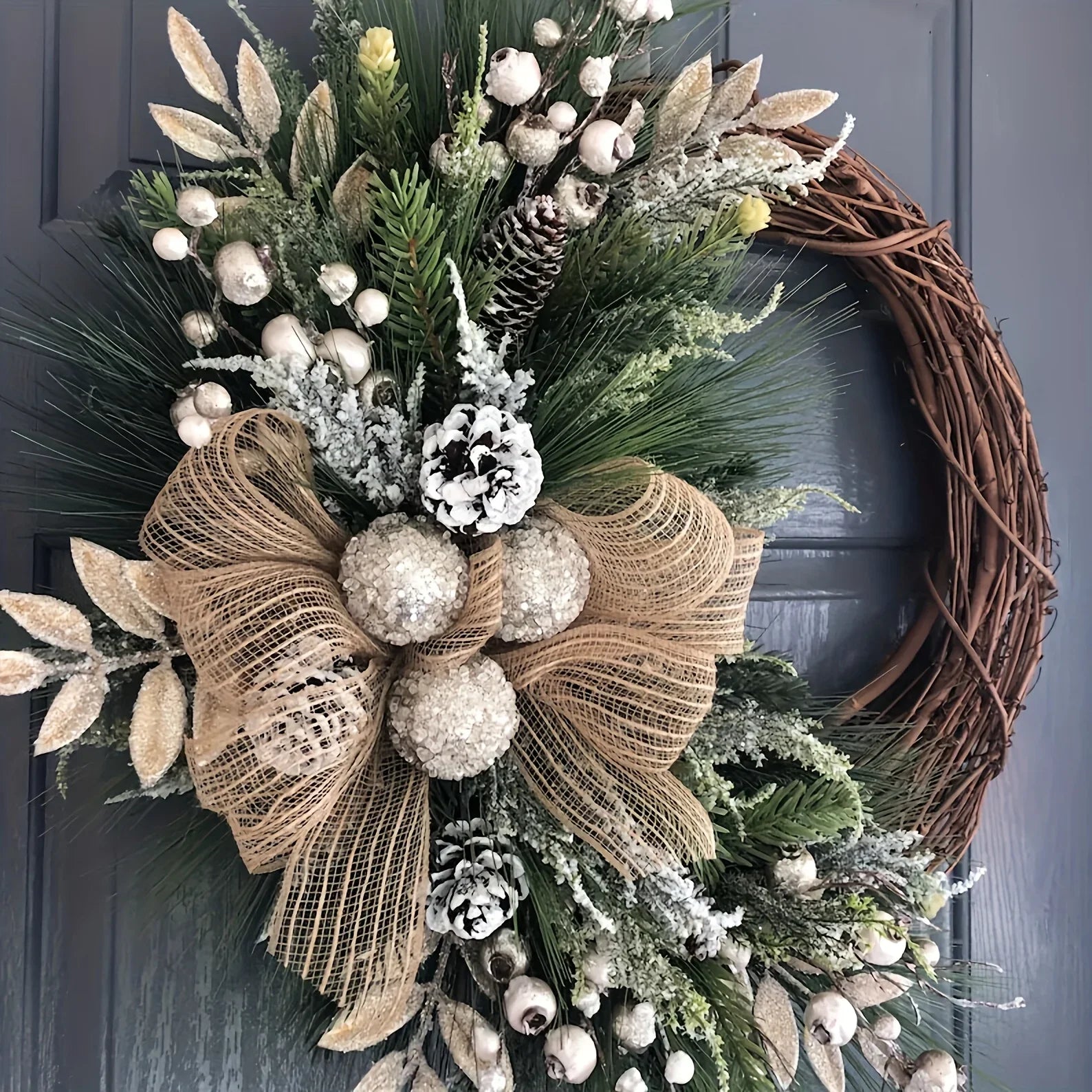 TOPFISH Elegant Cream & Golden Christmas Wreath - Winter Door Hanging Decor with Pine Cones, Golden Accents - Durable Plastic Holiday Decoration for Christmas, Thanksgiving, Fall - No Electricity Needed, Easy Hang with Loop - House Of Avana