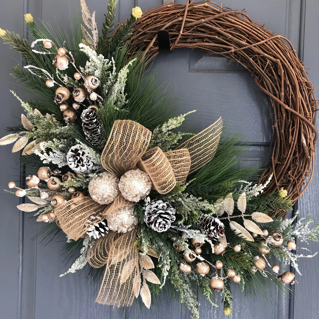 TOPFISH Elegant Cream & Golden Christmas Wreath - Winter Door Hanging Decor with Pine Cones, Golden Accents - Durable Plastic Holiday Decoration for Christmas, Thanksgiving, Fall - No Electricity Needed, Easy Hang with Loop - House Of Avana
