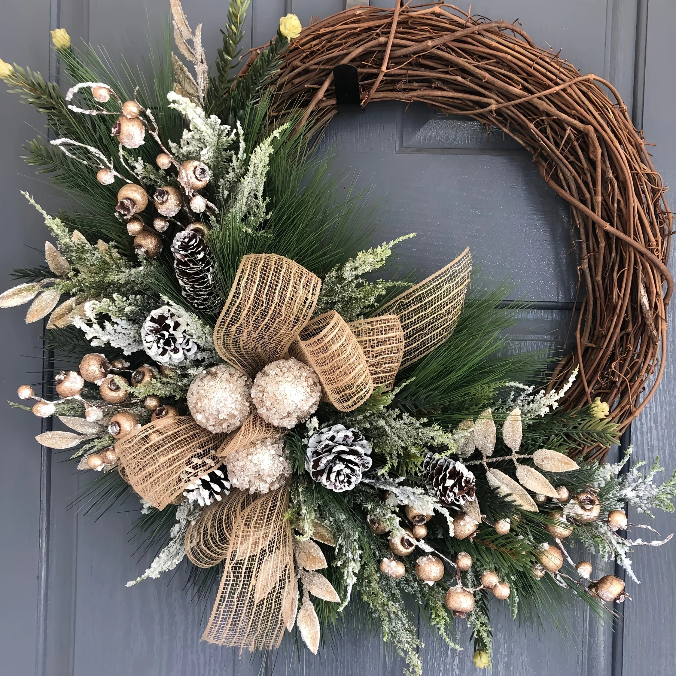 TOPFISH Elegant Cream & Golden Christmas Wreath - Winter Door Hanging Decor with Pine Cones, Golden Accents - Durable Plastic Holiday Decoration for Christmas, Thanksgiving, Fall - No Electricity Needed, Easy Hang with Loop - House Of Avana