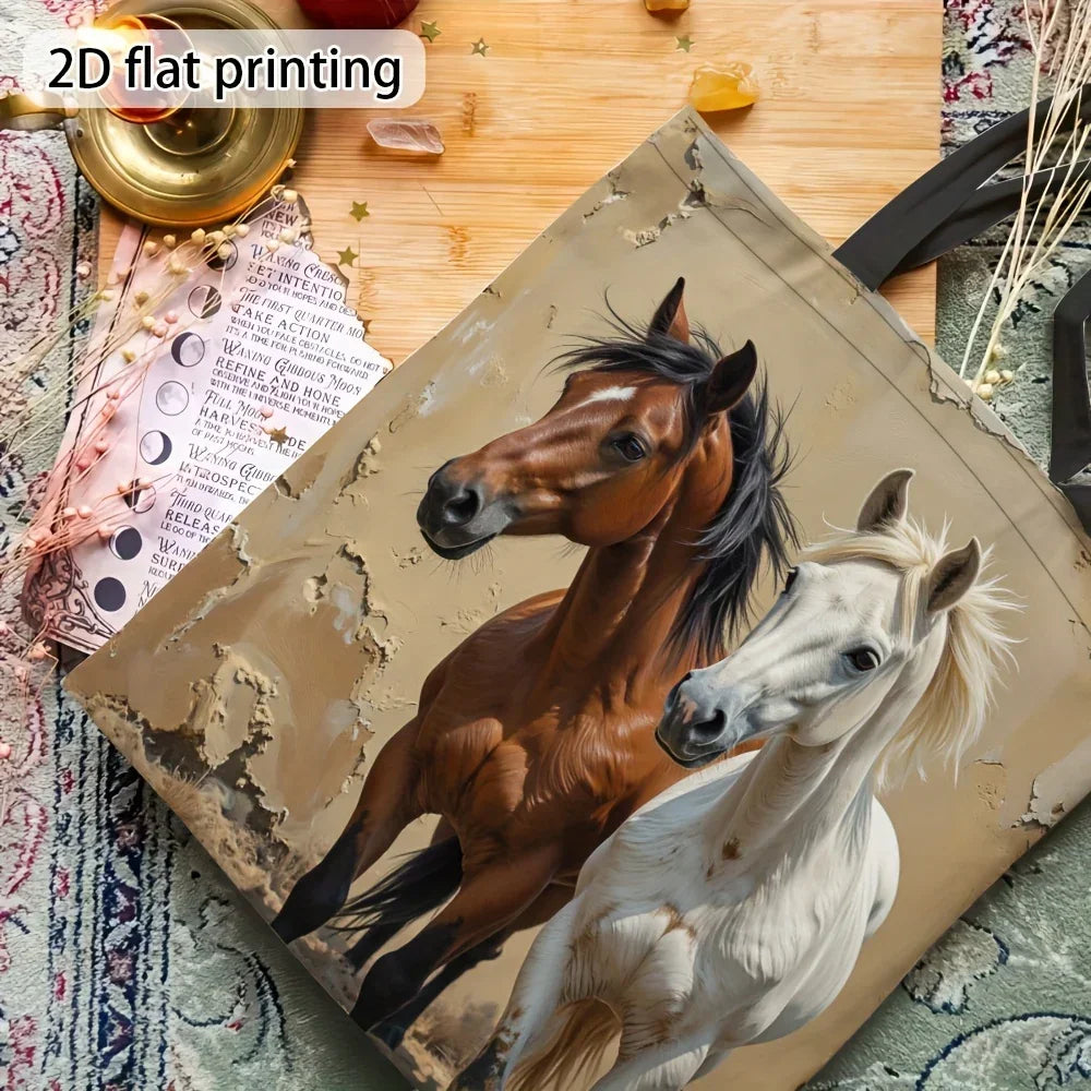 Canvas print with two horses on a textured surface, labeled '2D flat printing'.