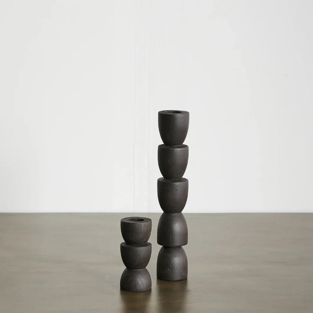 Totem Pine Wood Taper Candlestick Holder, back view - House Of Avana