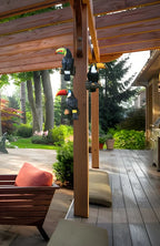 Outdoor patio with wooden pergola, decorative toucans, and garden view.