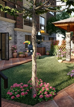 Garden scene with decorative bird statues, flowers, and a building in the background