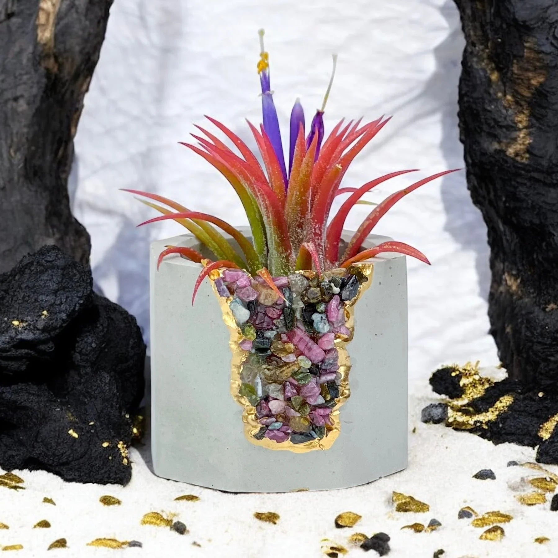 Tourmaline Geode Planter with Natural Stone and Unique Crystal Formation, front view - House Of Avana