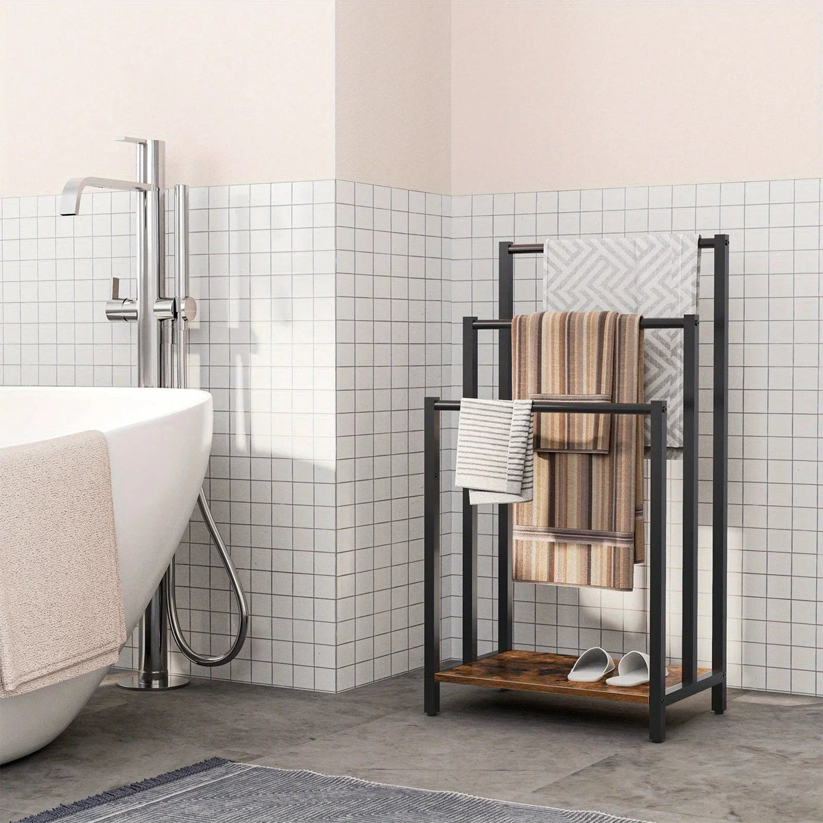 Black, Greige and Black, Rustic Brown and Black, Free Standing Towel Rack, Tier Blanket Rack, Blanket... - House Of Avana [[SKU:HOA-TWL-002]]