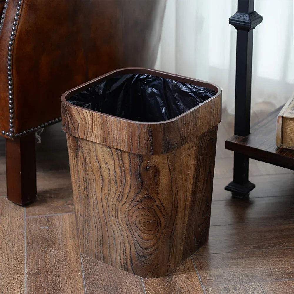 A Plastic Wood-grain Trash Can for the Kitchen, Hotel, Bedroom, Bathroom, Ktv, and Office., back view - House Of Avana