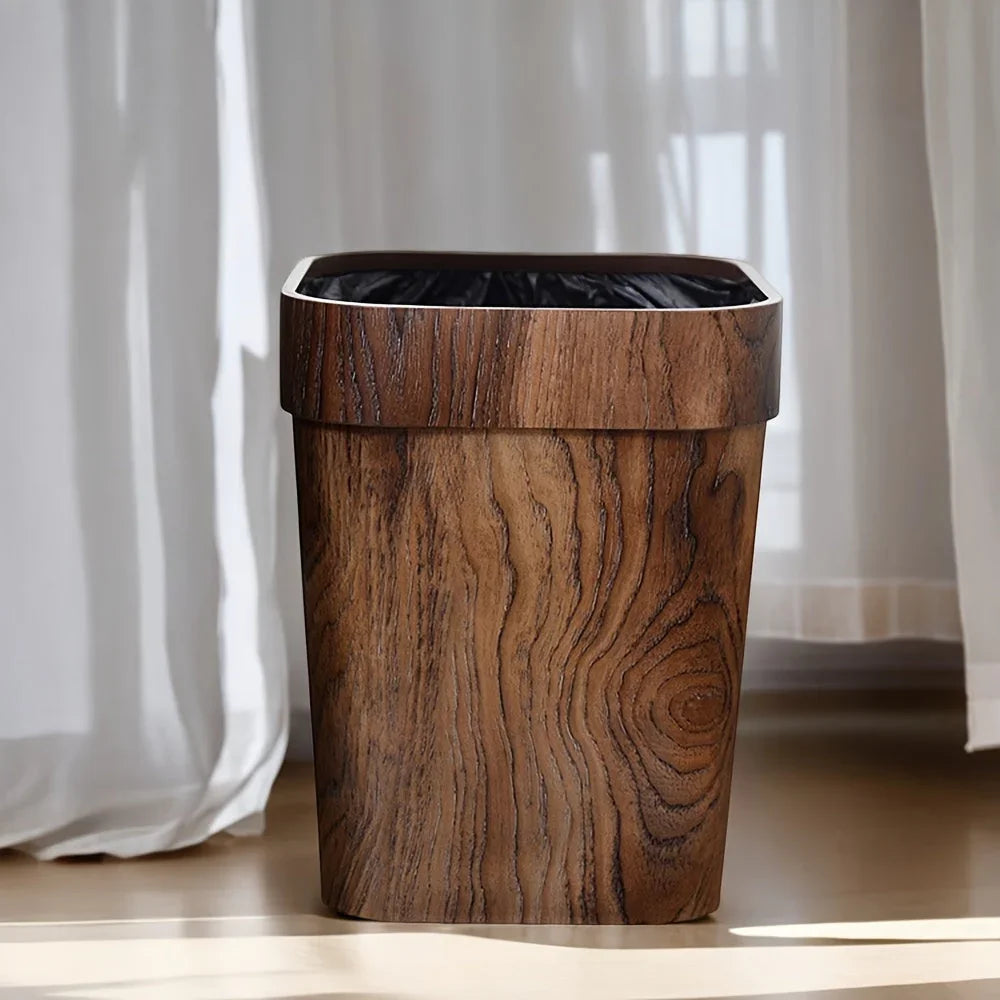 A Plastic Wood-grain Trash Can for the Kitchen, Hotel, Bedroom, Bathroom, Ktv, and Office., angled view - House Of Avana