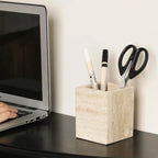 Travertine Desk Organizer - Natural Beige Stone Multi-Purpose Storage for Pens, Makeup Brushes, Toothbrush | Durable Vanity Tray & Pen Holder for Office, Bathroom, Bedroom Decor, Vanity Desk, Handcrafted Look, Home Organizati House Of Avana