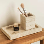 Travertine Desk Organizer - Natural Beige Stone Multi-Purpose Storage for Pens, Makeup Brushes, Toothbrush | Durable Vanity Tray & Pen Holder for Office, Bathroom, Bedroom Decor, Vanity Desk, Handcrafted Look, Home Organizati House Of Avana