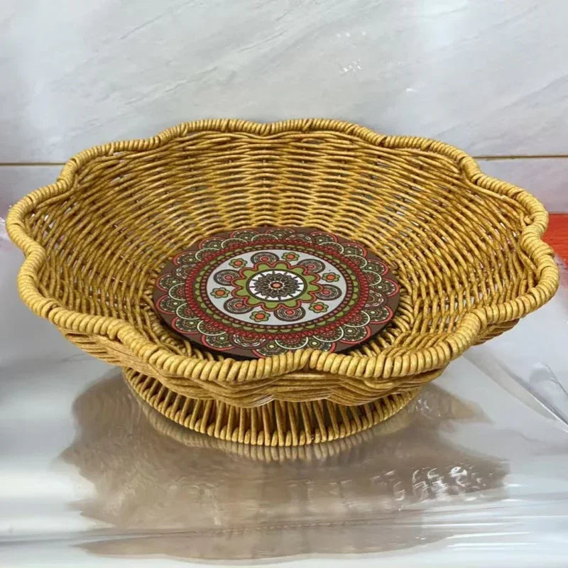 A Handcrafted Woven Storage Tray in a High-foot Wave Shape, Featuring a Bohemian Pattern. This Basket Is... - House Of Avana