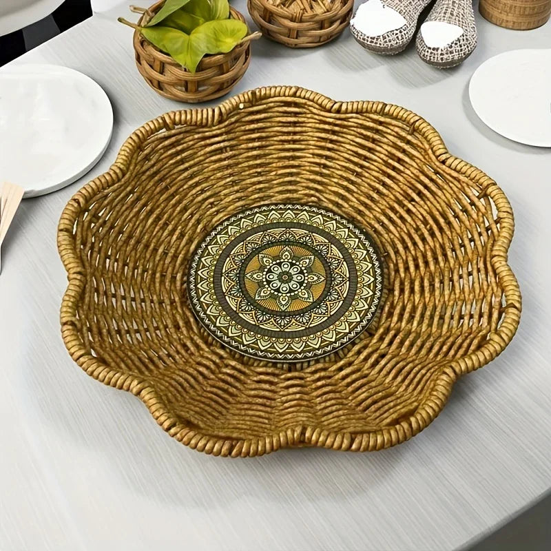 A Handcrafted Woven Storage Tray in a High-foot Wave Shape, Featuring a Bohemian Pattern. This Basket Is... - House Of Avana