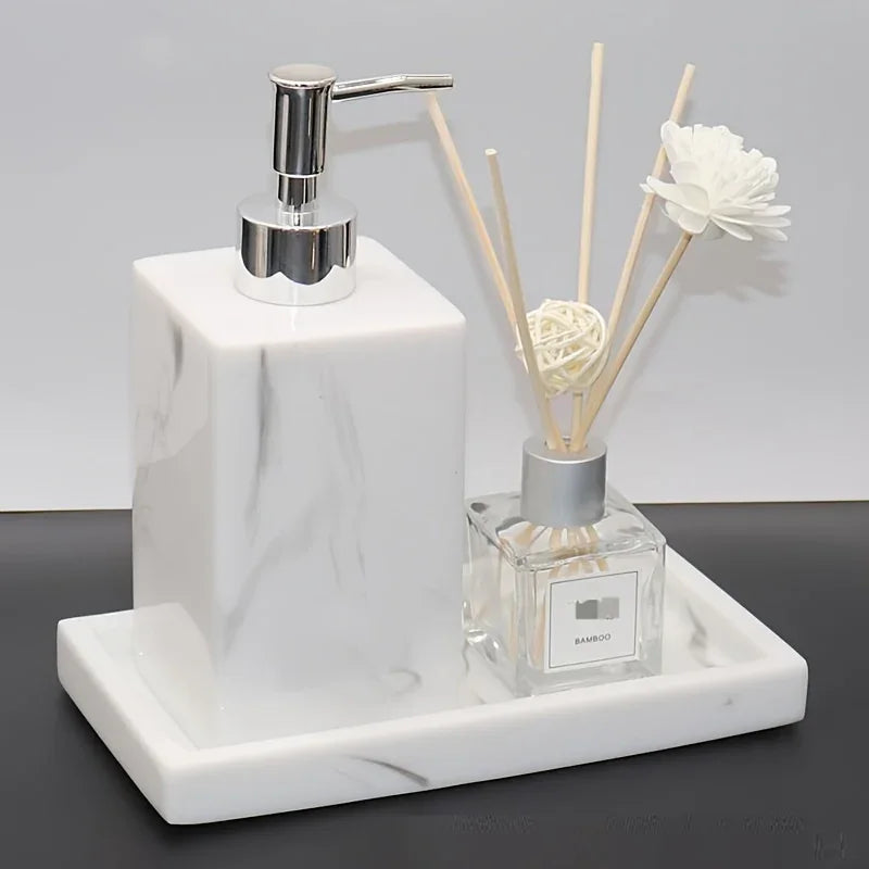 S Bathroom Accessory Set, Marble Look, 500ml Soap Dispenser with Matching Tray, Elegant Countertop... - House Of Avana