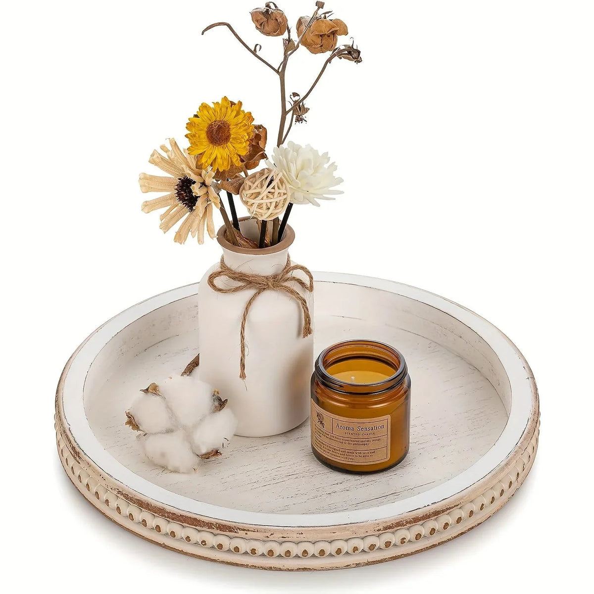 Tray - Decorative Wood White Round, front view - House Of Avana [[SKU:HOA-TRY-006]]